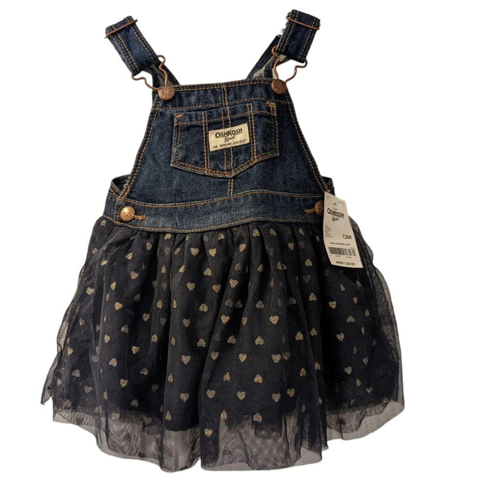 OshKosh B'gosh NWT girls overalls skirt gold sparkle hearts blue tulle 12 Months